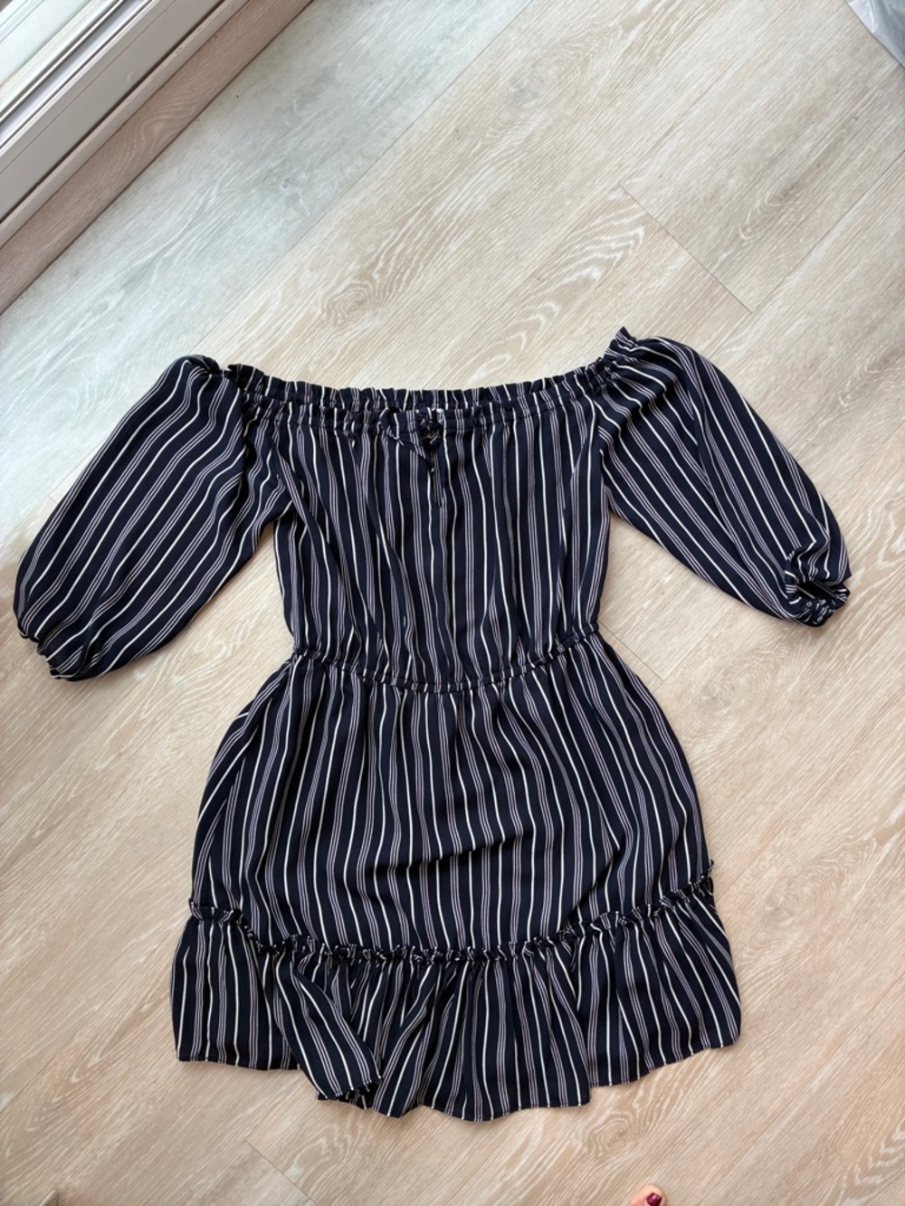 BB Dakota Blue and White Striped off the Shoulder Ruffle Mini Dress